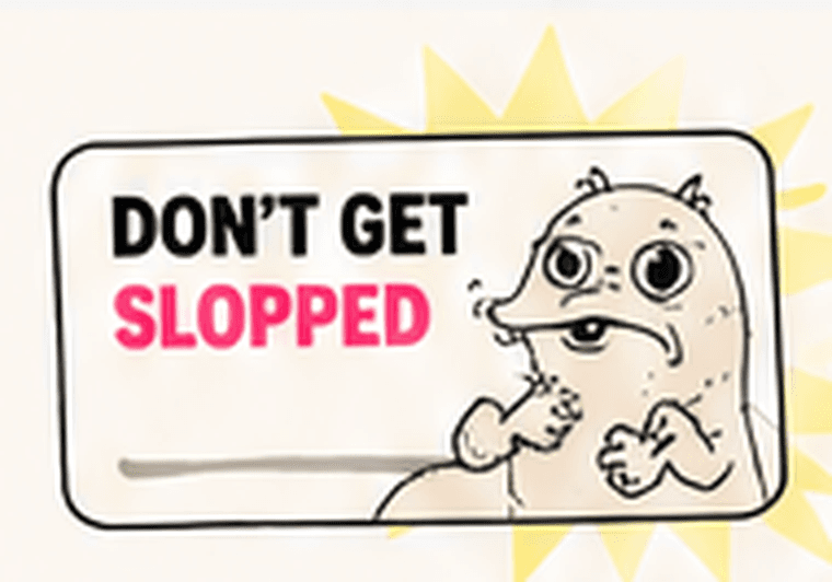 Don't get slopped — SlopOrShop mascot waving you off a bad purchase