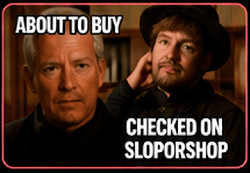 Two men meme captioned about to buy, checked on SlopOrShop
